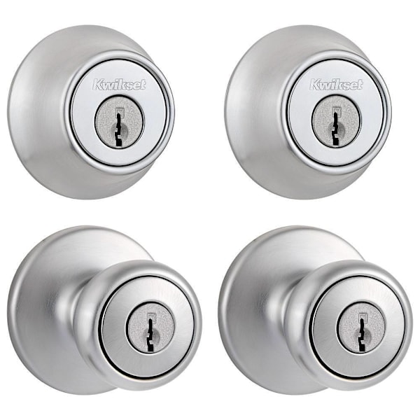 Kwikset Tylo Satin Chrome Keyed Entry Door Knob and Single Cylinder Deadbolt Project Pack