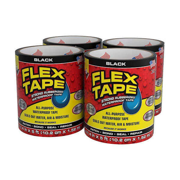 Flex Seal Strong Rubberized Waterproof Tape, Black, 4" X 5', Case Of 4