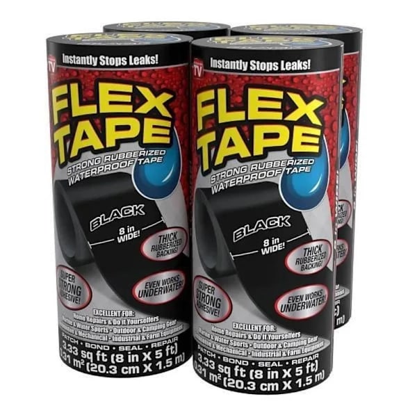 Flex Seal Strong Rubberized Waterproof Tape, Black, 8" X 5', Case Of 4