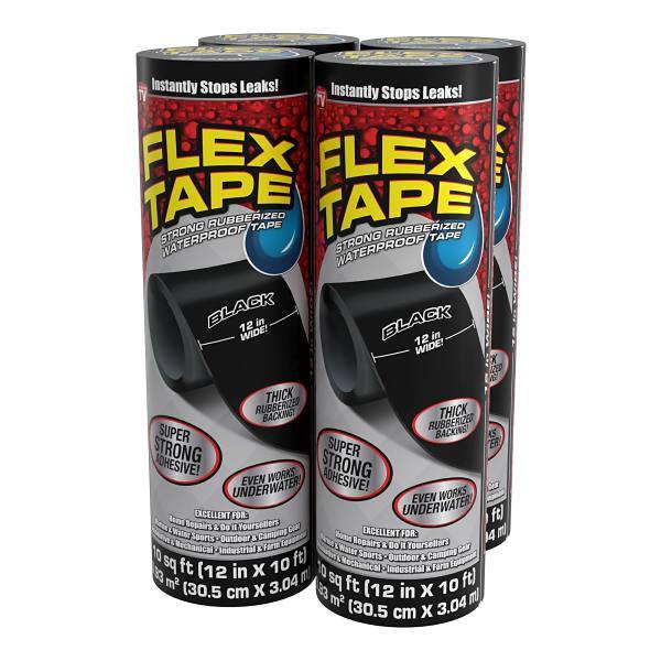 Flex Seal Strong Rubberized Waterproof Tape, Black, 12" X 10', Case Of 4