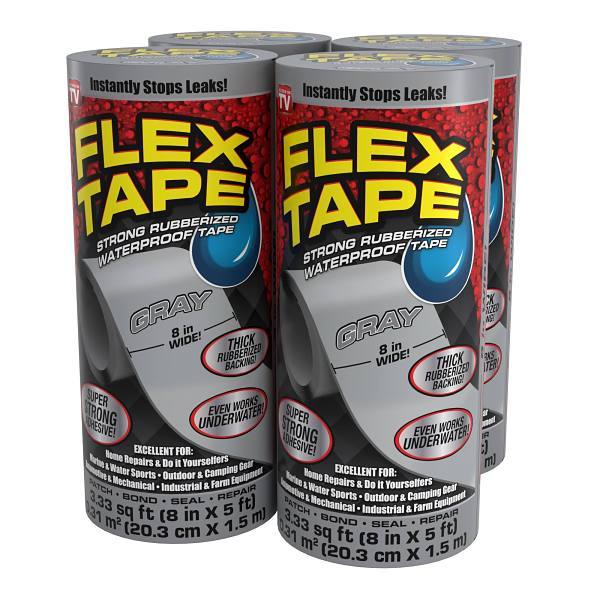 Flex Seal Strong Rubberized Waterproof Tape, Gray, 8" X 5', Case Of 4