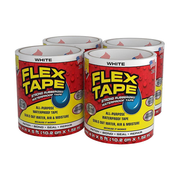 Flex Seal Strong Rubberized Waterproof Tape, White, 4" X 5', Case Of 4