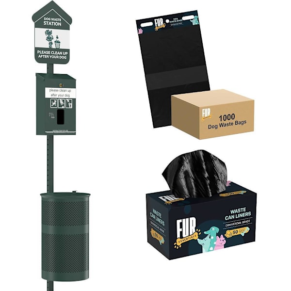 Fur Essentials Pet Waste Station Starter Kit - Header Bag Dispenser - Green