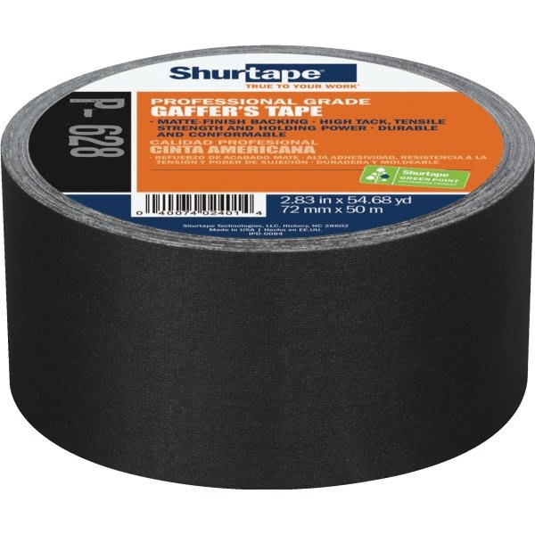 Shurtape P- 628 Professional Grade, Coated Gaffer'S Tape - Black - 72mm X 50m