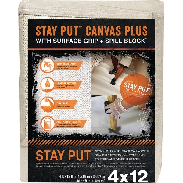 Trimaco 4 X 12' Stay Put Canvas Drop Cloth, Anti-Slip Barrier, Spill Block