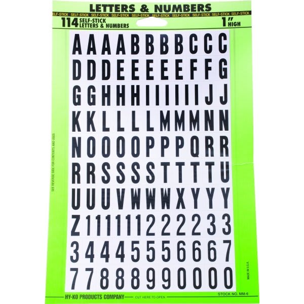 Hy-Ko 1" Black On White Vinyl 114 Piece Letter And Number Sticker Kit