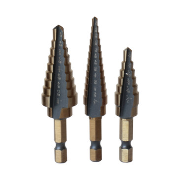 3 Piece HSS Black & Gold Quick Change Hex Shank Step Drill Bit Set (Sizes #1 to #3) STE1-3HEX-SET