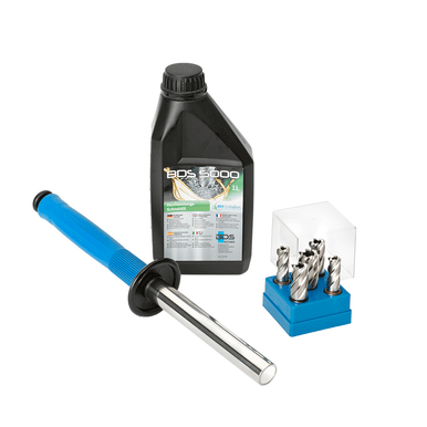 Armor-plated TiAIN Starter Cutter Kit - Includes 9/16", 11/16", 13/16", 15/16", 1-1/16", 2 pilot pins, 1 cutter storage box, 1 Power Worker magnetic stick (POW 100), 1 Qt. high-performance cutting oil ZST 100-P