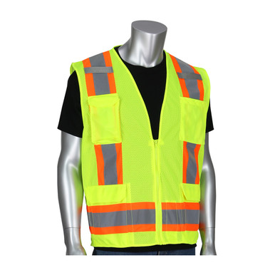 PIP ANSI Type R Class 2 Two-Tone Eleven Pocket Mesh Surveyors Vest, M, Hi-Vis Red 302-0500M-RD/M