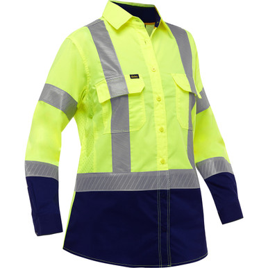 Bisley ANSI Type R Class 2 Women's Long Sleeve Work Shirt with X-Airflow and Navy Bottom, S, Hi-Vis Yellow 313W6491H-YN/S