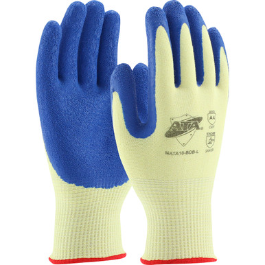 G-Tek PolyKor Seamless Knit PolyKor Blended Glove with Blue Latex Coated Crinkle Grip on Palm & Fingers, S, Yellow MATA10-BDB-S