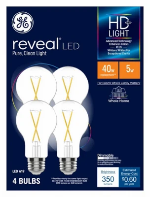 Reveal 4‑Watt LED A19 Clear Bulb – Dimmable, 16,500‑Hour Life (4‑Pack)