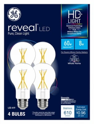 Reveal Clear LED A19 Bulb – 6.4W (60W Equivalent) Pack of 4, Dimmable, 16,500‑Hour Life
