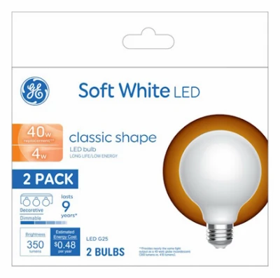 LED Globe Light Bulbs, White, Medium Base, 4 Watt, 2-Pk.