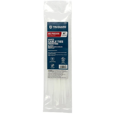 Mounting Cable Ties, White, 8 In., 20-Pk.