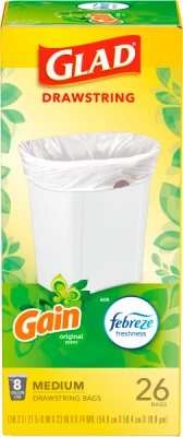 Medium Drawstring Trash Bags, 8 Gallon, White, Gain Original Scent with Febreze Freshness, 26 Count