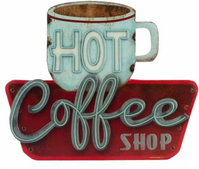 3D Embossed MetalHot Coffee ShopSign, Indoor/Outdoor Use