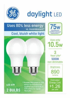 LED Light Bulbs, Daylight, A19 Medium Base, 10.5 Watts, 2-Pk.