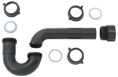 Kitchen Wall Drain P Trap, Solvent Weld Pipe Adaptor, Black Plastic, 1-1/2 In.