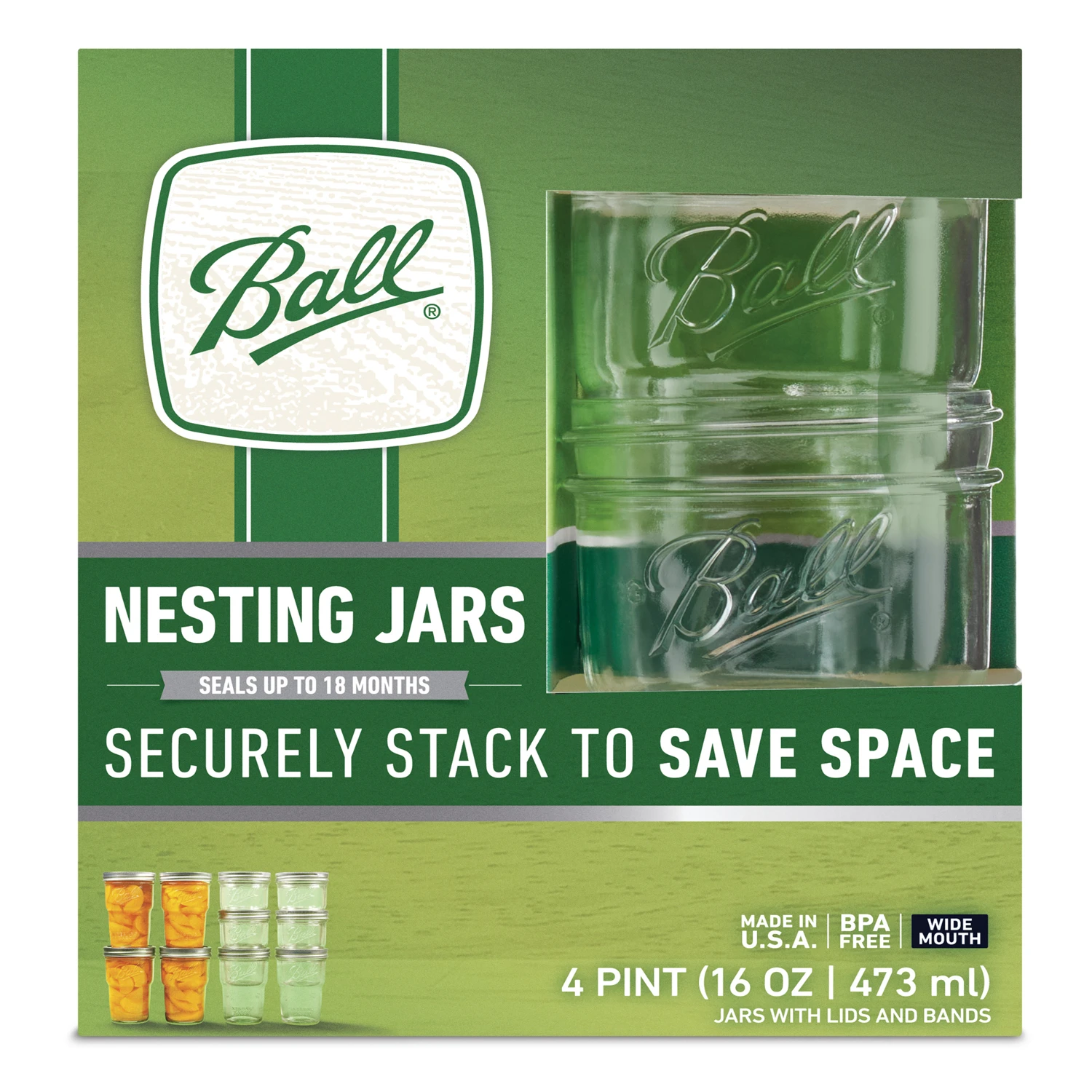 Nesting Mason Canning/Drinkware Jars with Lids, Wide Mouth, Pint, 4-Pk.