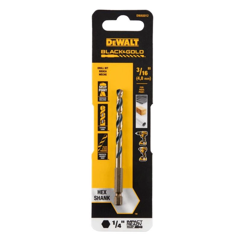 Black & Gold HSS Drill Bit, 1/4 In. Hex Shank, Impact Ready, 3/16 In.