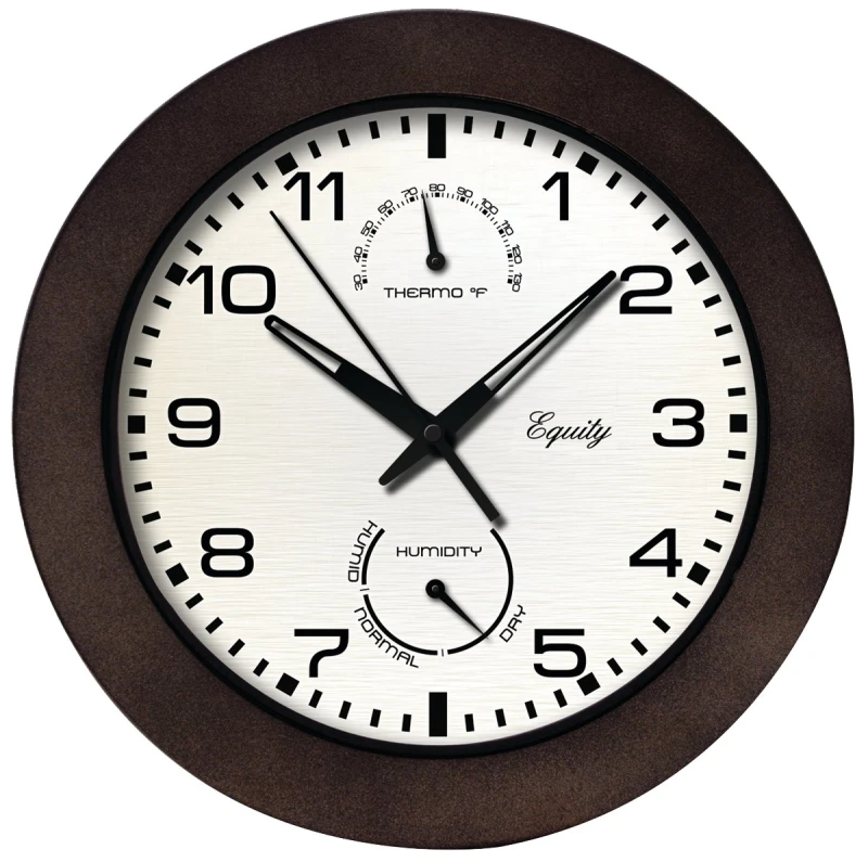 Equity Indoor/Outdoor Wall Clock, Temperature & Humidity, Brown Case, 10 In.