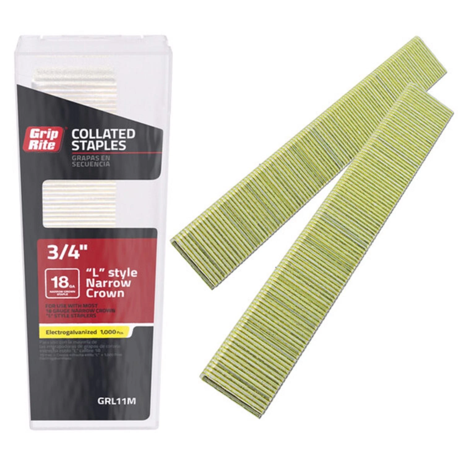 Collated Narrow Crown Staples, L-Style Electrogalvanized Steel, 3/4 In. x 18 Gauge, 1000-Pk.