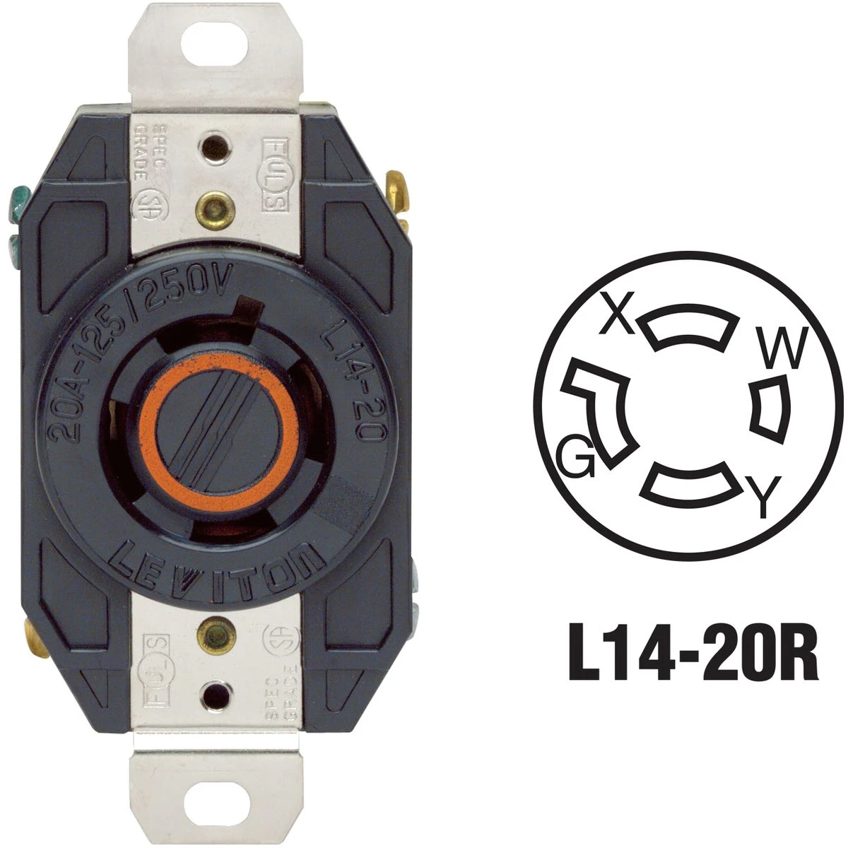 20a 125v/250v Black Industrial Grade L14-20r Locking Outlet Receptacle