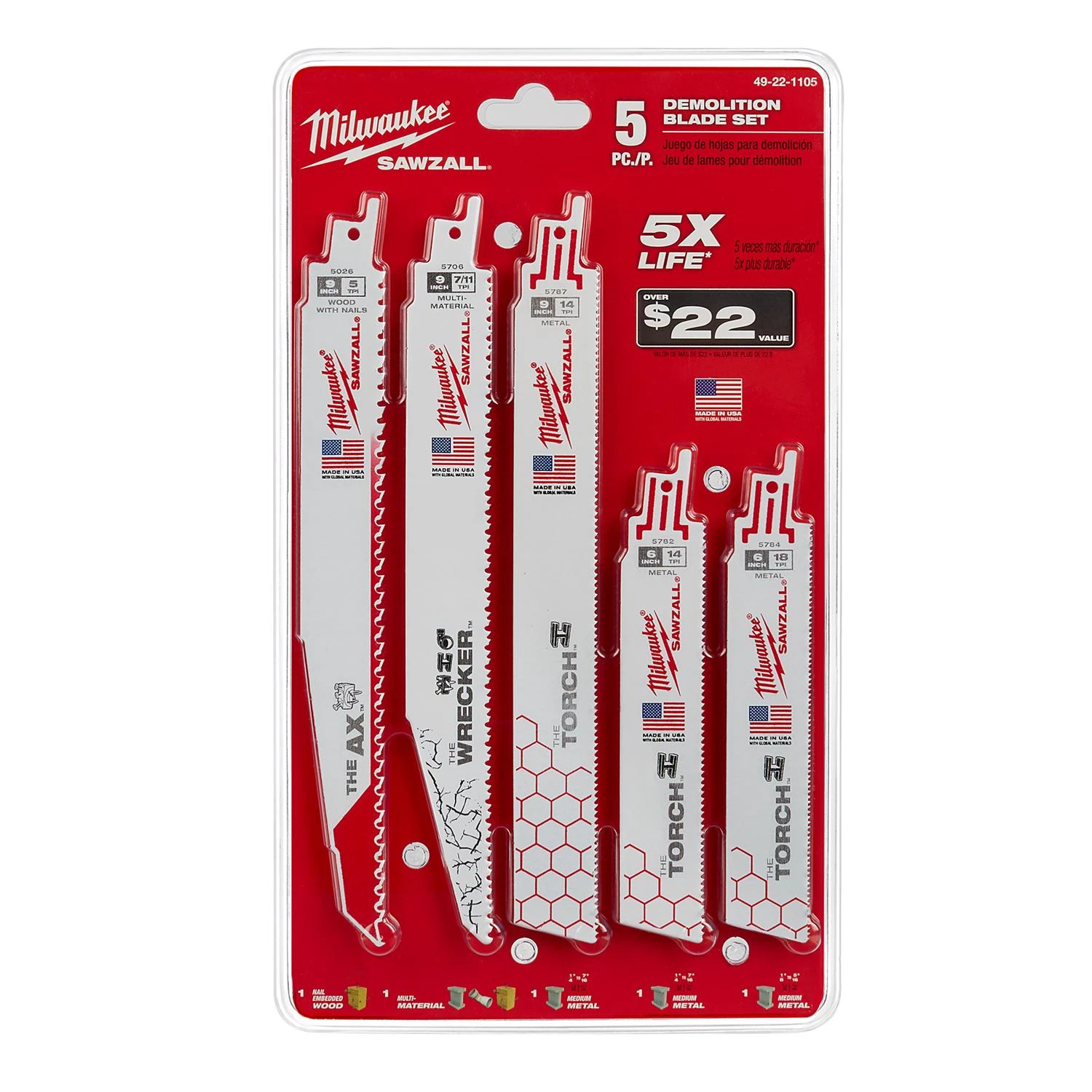 5-Pc. Demolition Sawzall Reciprocating Saw Blade Set
