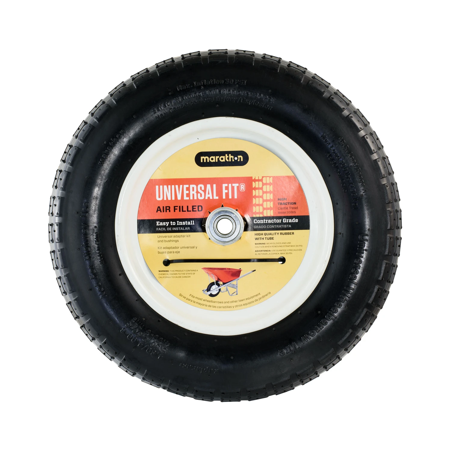 Wheelbarrow Tire, Universal Fit, Pneumatic, Knobby Tread, 14.5-In.