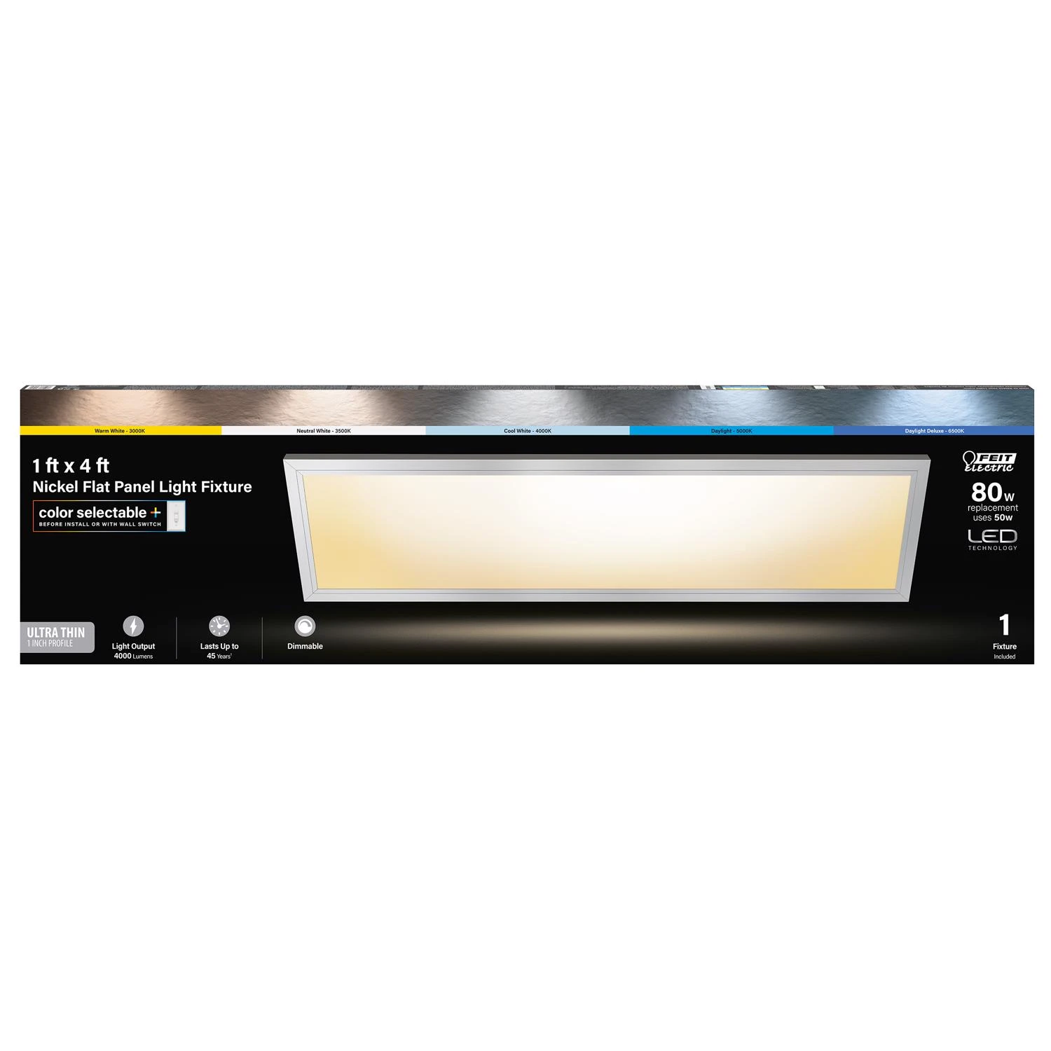 LED Flush Mount Edge-Lit Ceiling Light Fixture, Drop-In Installation, Selectable Color Temp, Nickel, 1 x 4 Ft.