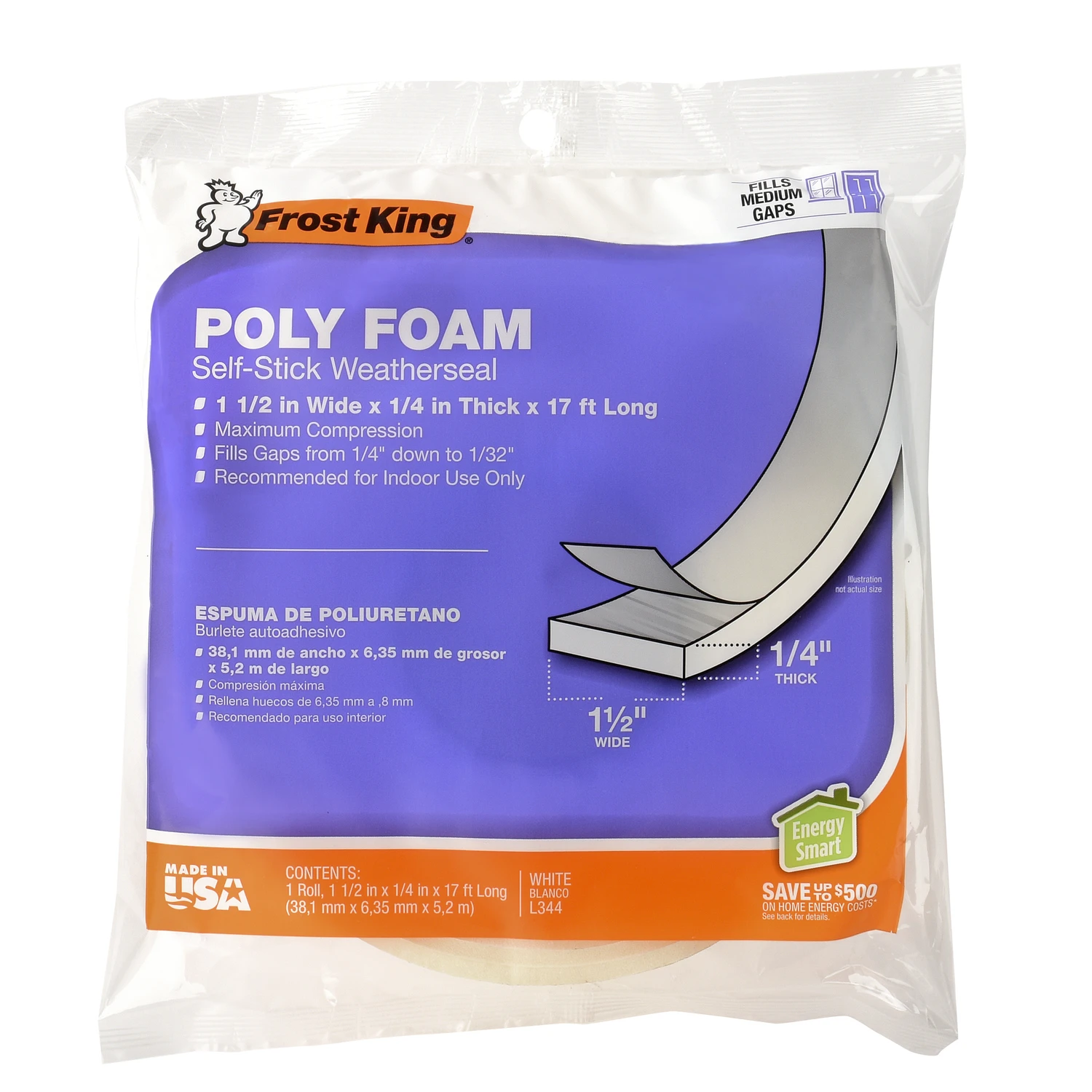 Foam Weatherseal Tape, White, 1-1/2 W x 1/4 In. T x 17 Ft.
