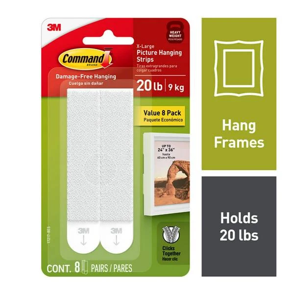 20 Lb. Picture Hanging Strips, White, 8 Pairs, X-Large