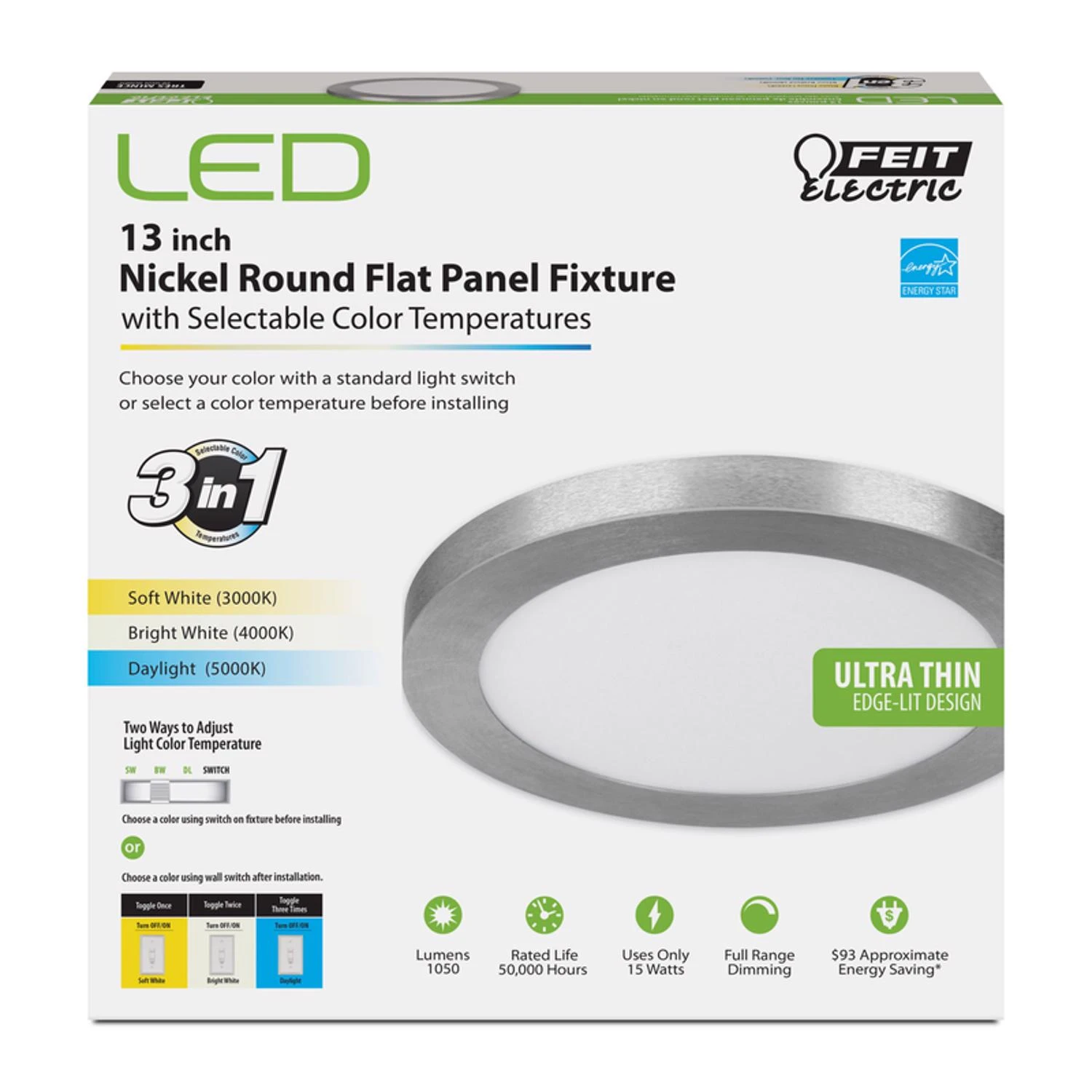 LED Edge-Lit Flat Panel Recessed Ceiling Light Kit, Selectable Color Temp, Nickel, 12.5 Watt, 13 In. Round