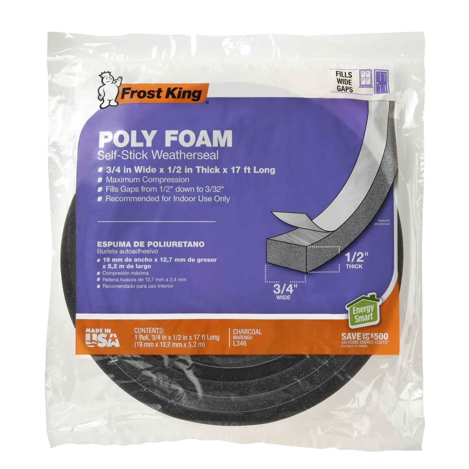 Foam Weatherseal Tape, Charcoal, 3/4 W x 1/2 In. T x 17 Ft.
