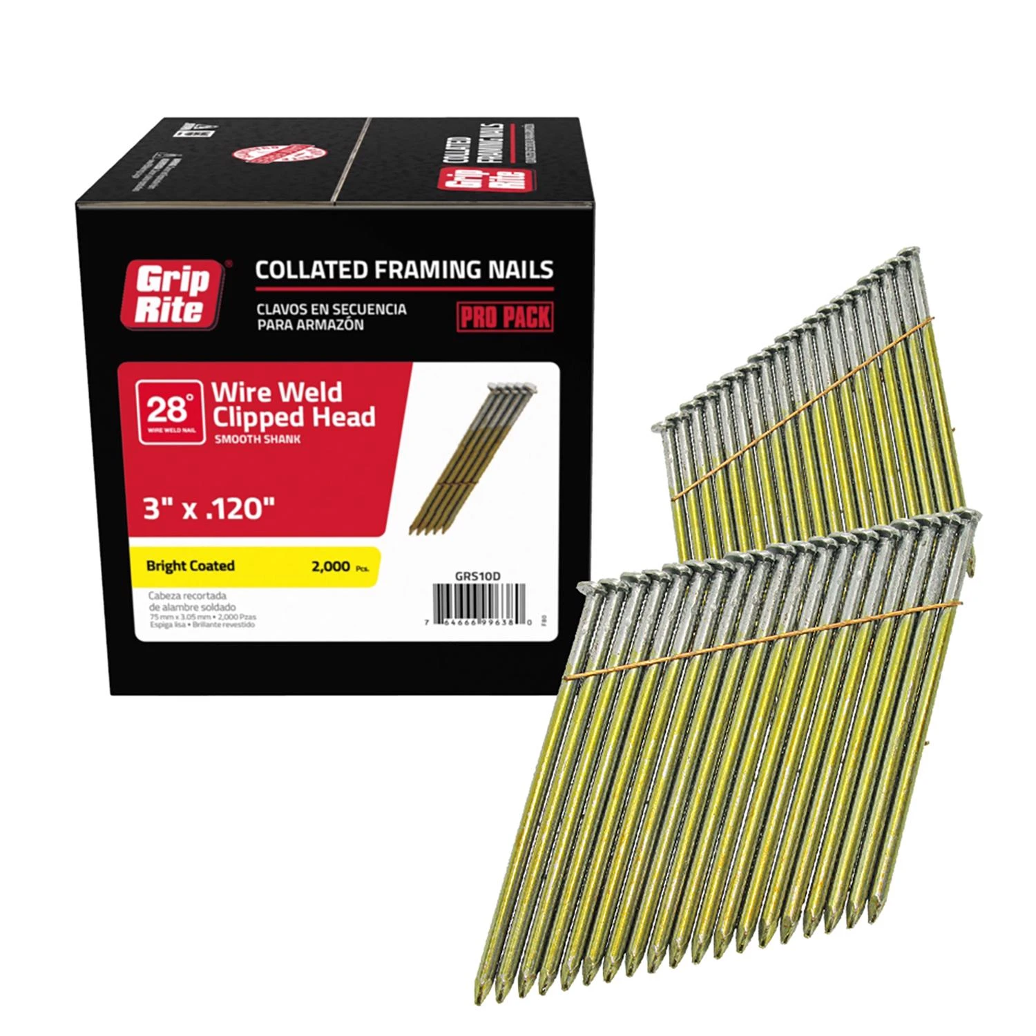 Collated Framing Nails, Wire Weld Clipped Head, Steel, 28 Degree, 3 x .120 In., 2000-Pk.