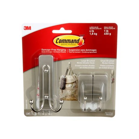 Brushed Nickel Hooks, 1 Large & 2 Small Hooks/1 Large & 2 Small Strips