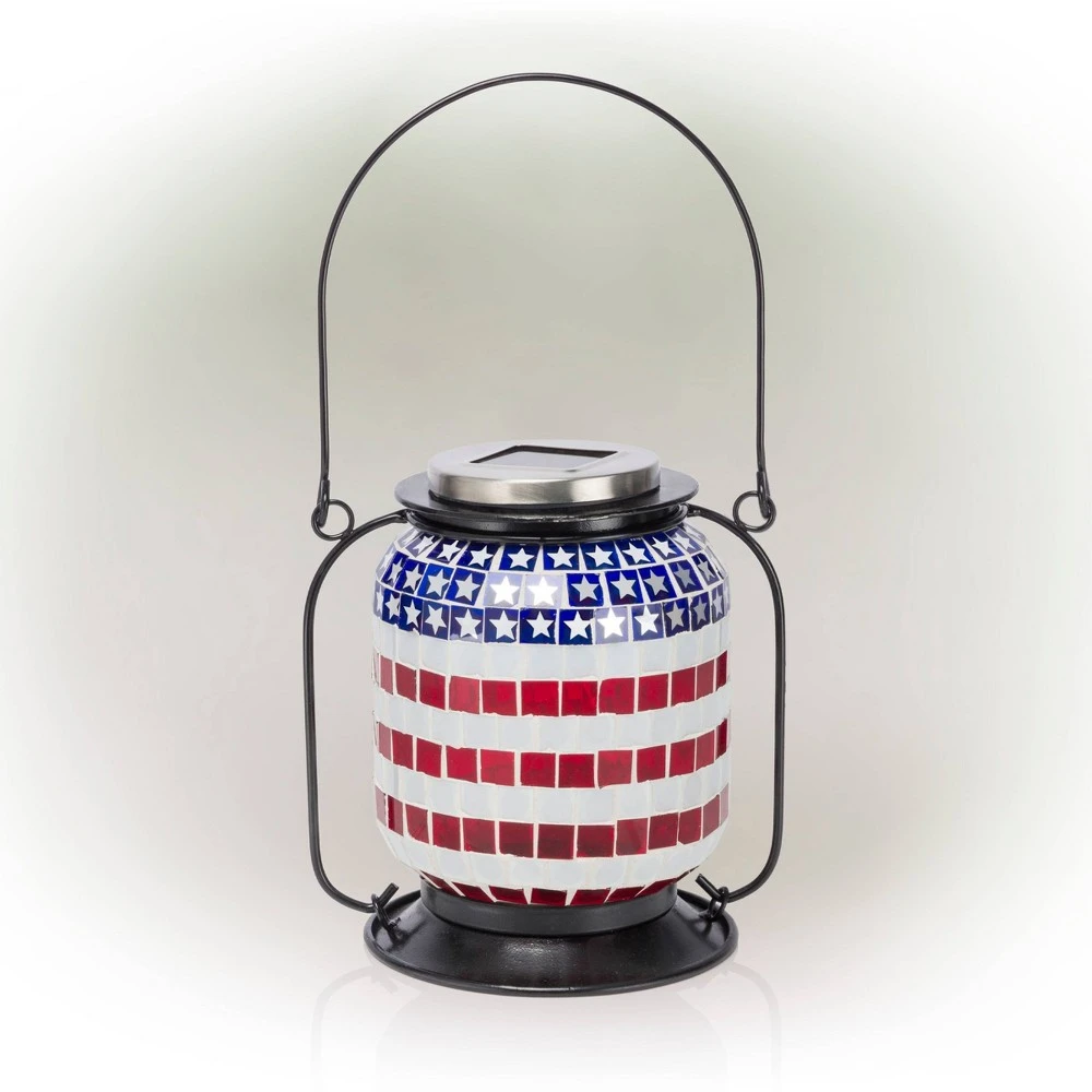Alpine Corporation 7 in. Tall Hanging Solar Powered Outdoor Patriotic Lantern with LED Lights, Multi