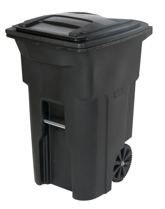 Wheeled Trash Can & Attached Lid, Black, 64 Gallons