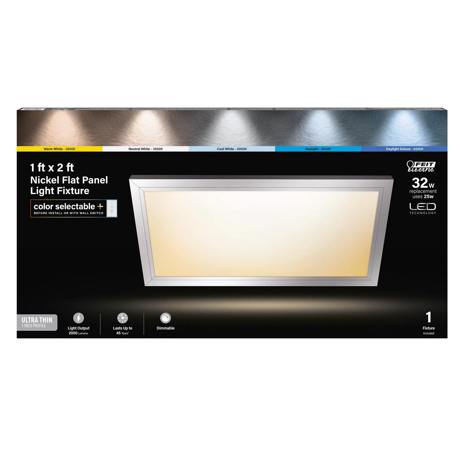 LED Flush Mount Edge-Lit Ceiling Light Fixture, Drop-In Installation, Selectable Color Temp, Nickel, 1 x 2 Ft.