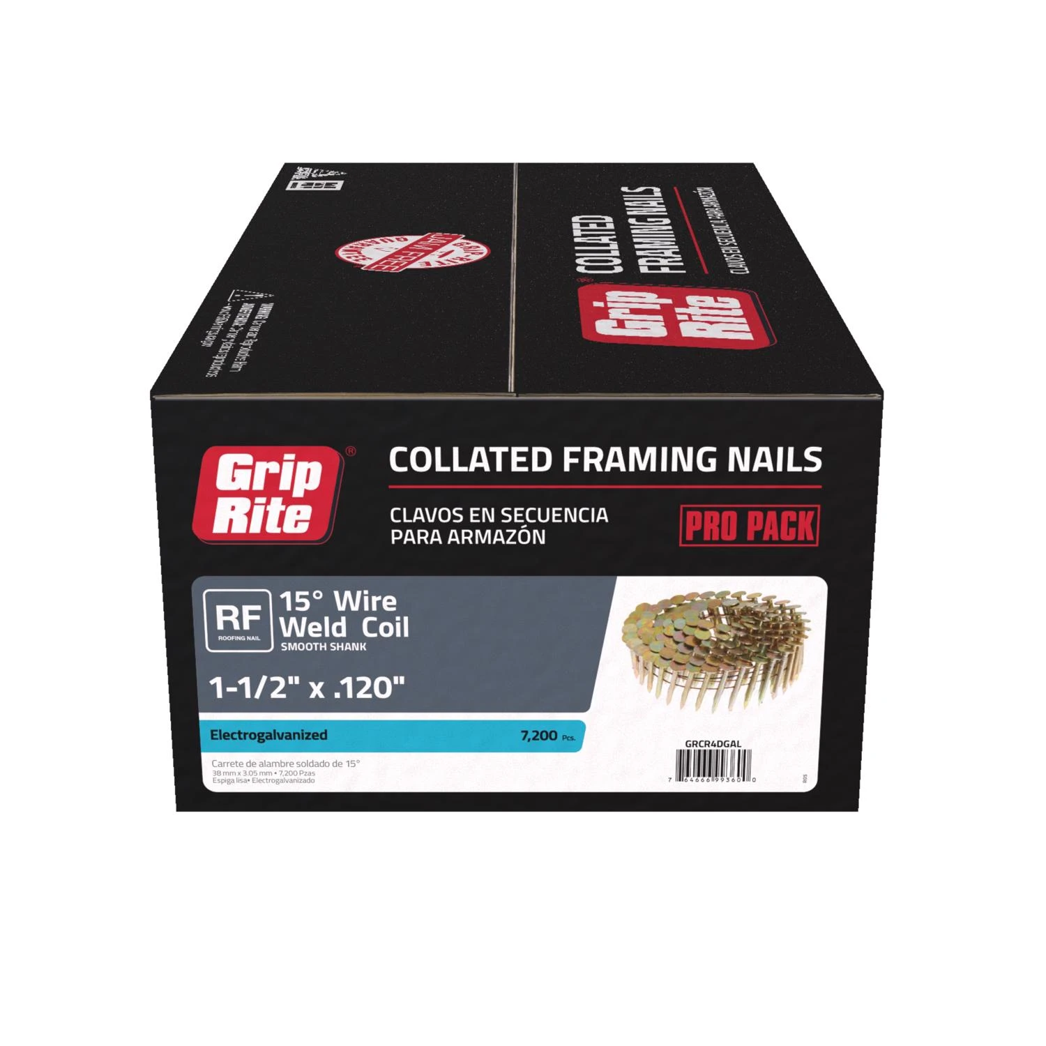 Collated Roofing Nails, Electrogalvanized Steel, 15 Degree, 1-1/2 In. x 11 Gauge, 7200-Pk.