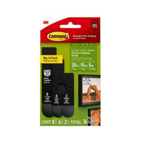 Picture Hanging Strip Mixed Pack, Black, 16 Pairs