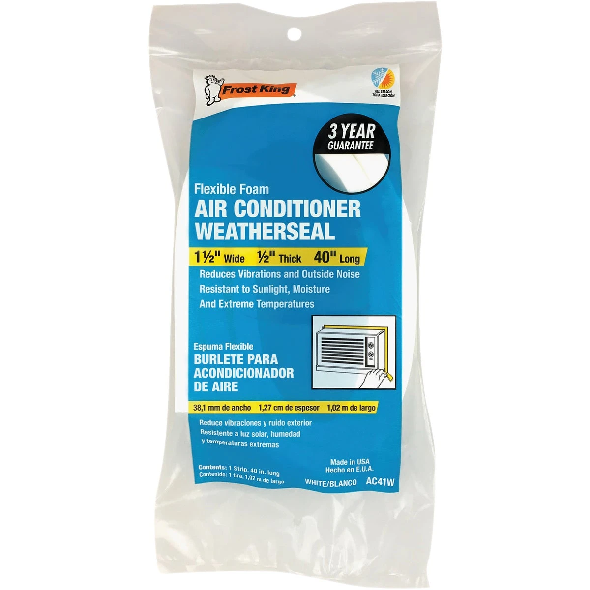 Air Conditioner Foam Weather Seal, White, 1-1/2 x 1/2 x 40 In.