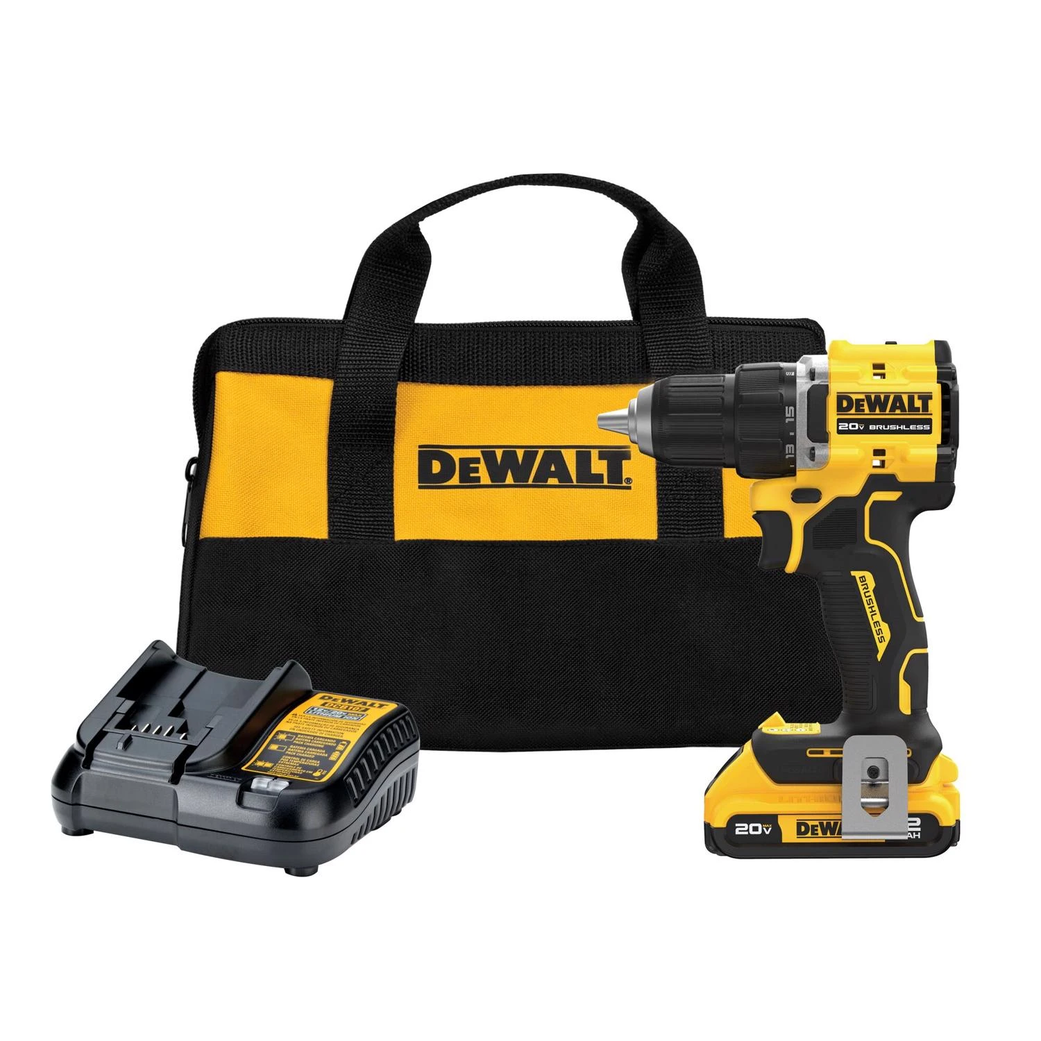 20-Volt MAX Atomic Compact Cordless Drill Driver Kit, Brushless Motor, 1/2 In., Battery & Charger