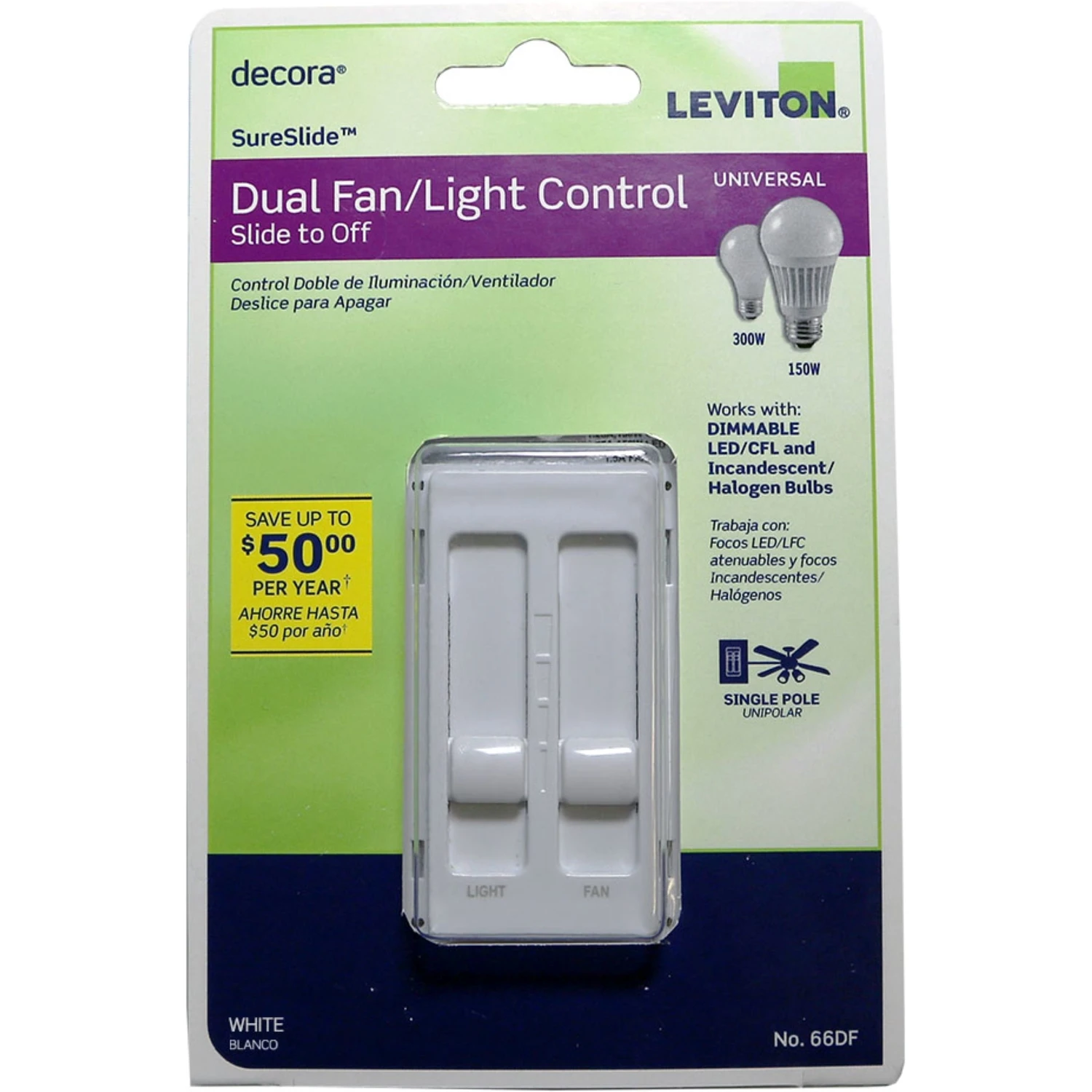 Leviton 3001337 Decora Sureslide Fan & LED Dimmer Slide Switch, White