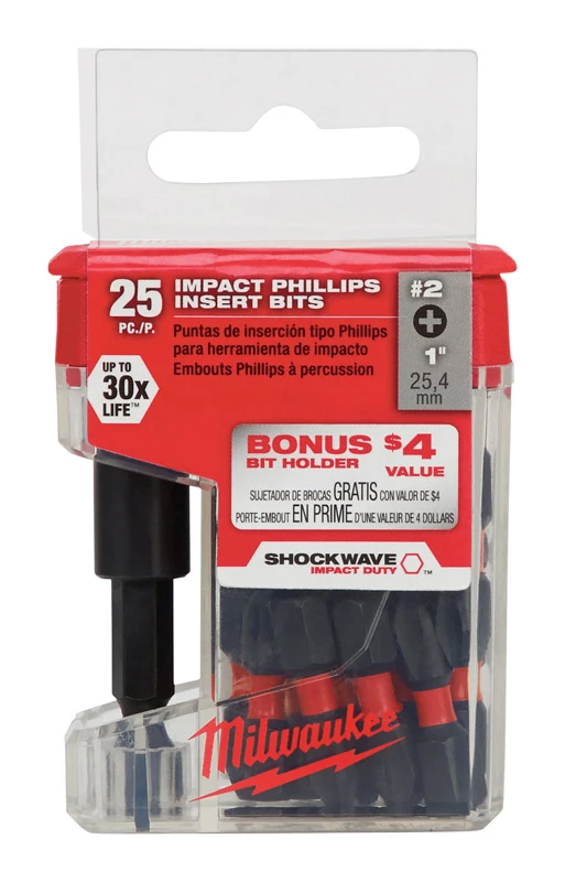 Shockwave #2 Phillips Insert Bit & Magnetic Bit Tip Holder, 25-Pk.