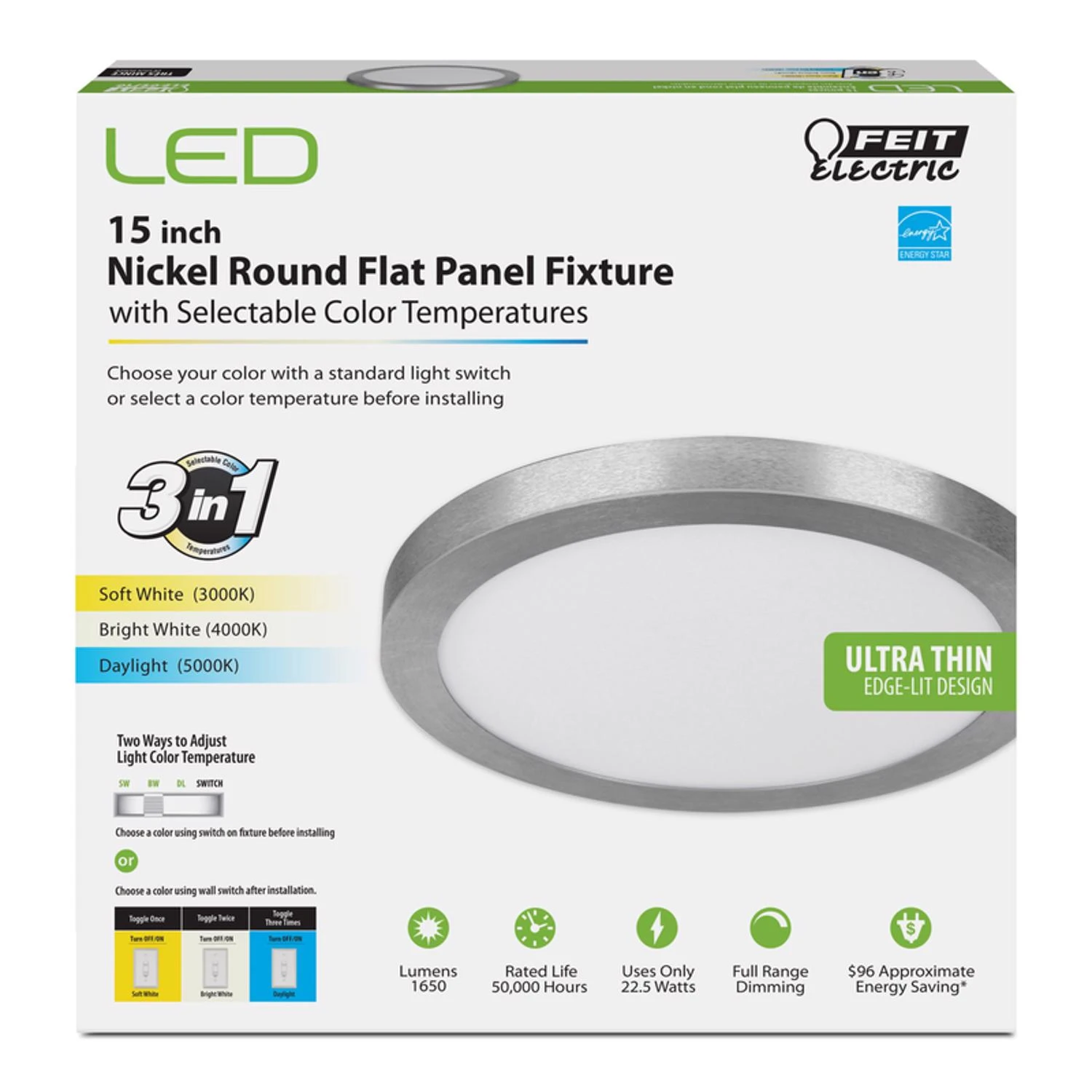 LED Edge-Lit Flat Panel Recessed Ceiling Light Kit, Selectable Color Temp, Nickel, 12.5 Watt, 15 In. Round
