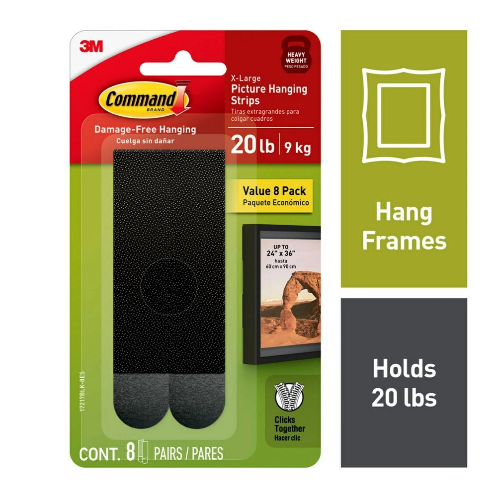 20 Lb. Picture Hanging Strips, Black, 8 Pairs, X-Large