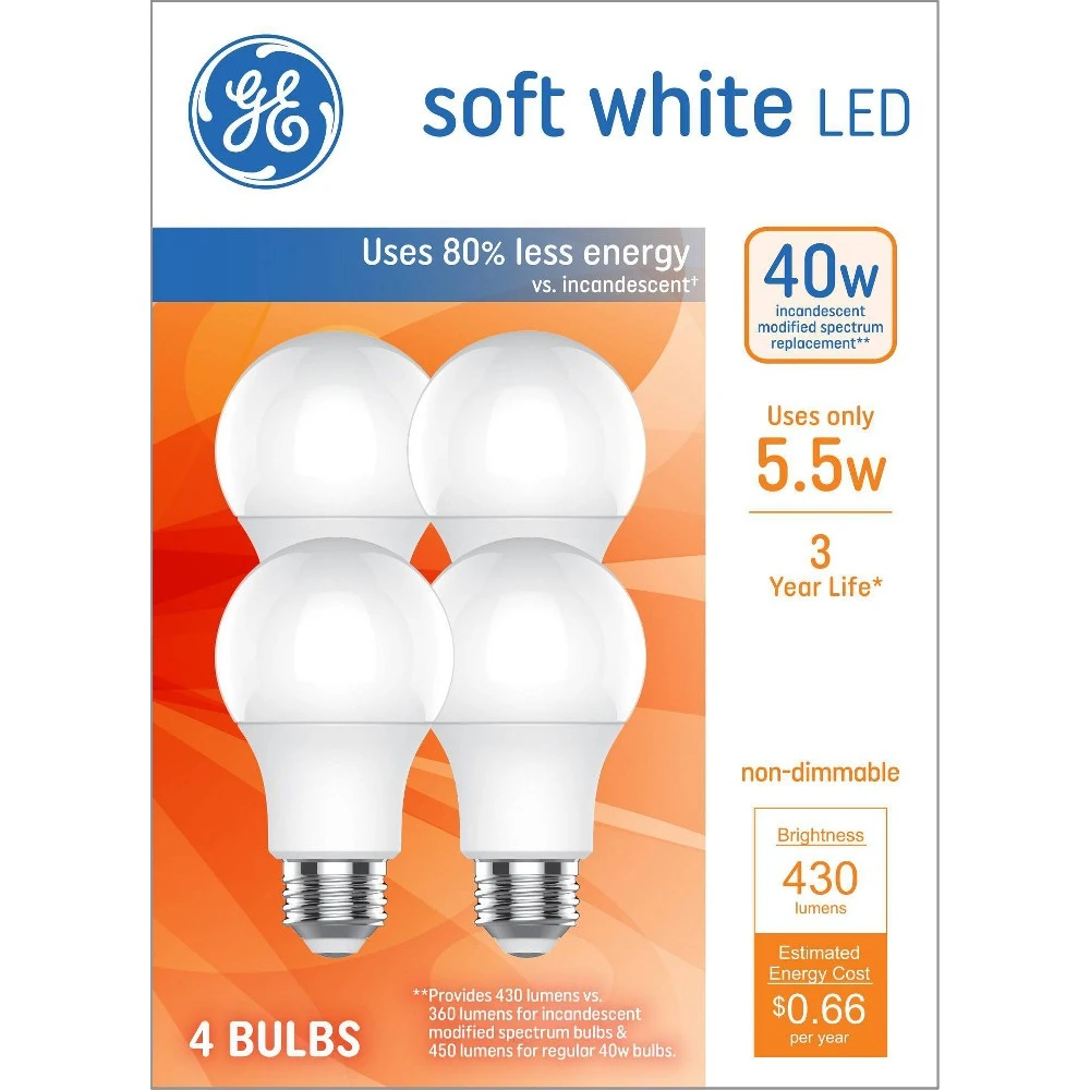 LED Light Bulbs, Soft White, A19 Shape, Medium Base, 5.5 Watts, 4-Pk.