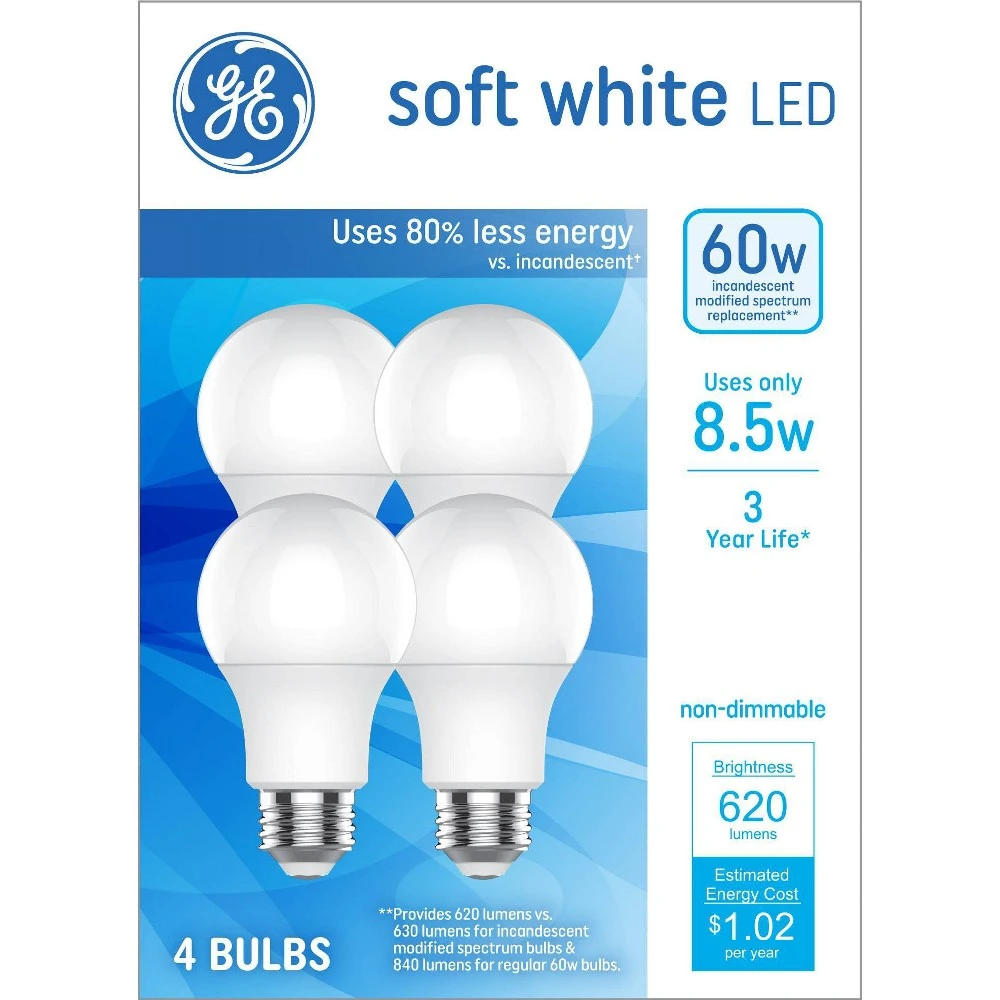 LED Light Bulbs, Soft White, A19 Shape, Medium Base, 8.5 Watts, 4-Pk.